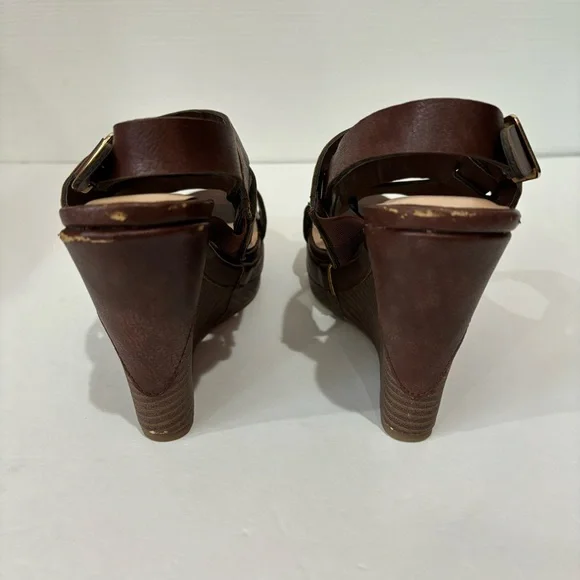 DOLLHOUSE Faux Leather Open Toe Strappy Platform Sandal Wedges - brown, size 6.5 - Picture 4 of 8